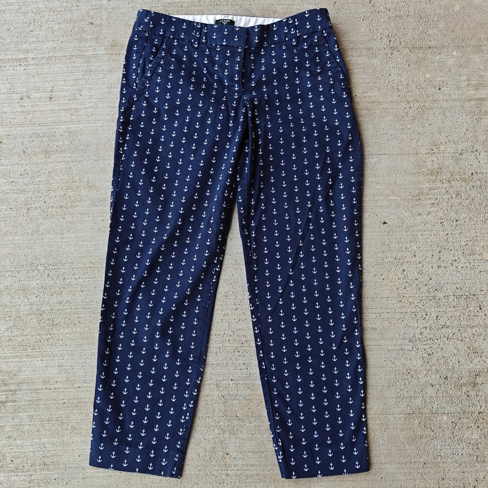 J. Crew City Fit Crop Pant Womens 2 Navy Blue‎ Anchor Resortwear Beach Mid Rise